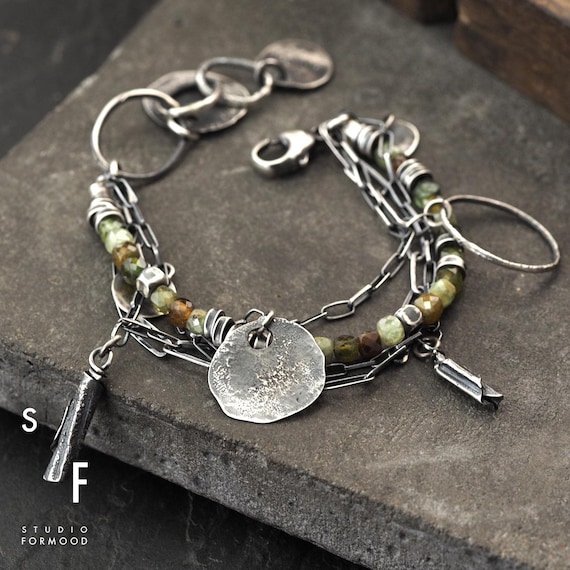 Oxidized Sterling Silver Green Garnet Chain Bracelet – Artisan Modern Jewelry