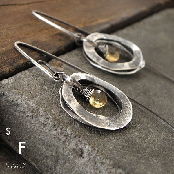 Earrings - raw sterling silver and citrine, oxidized silver earrings