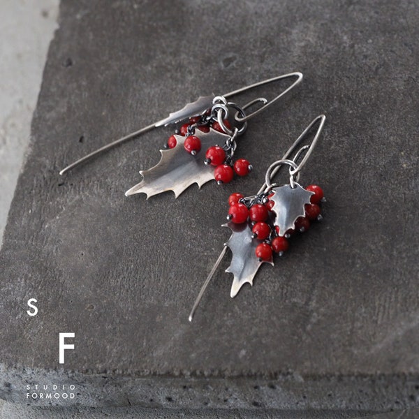 Holly earrings / leaf earrings / gift for her / red coral  earrings