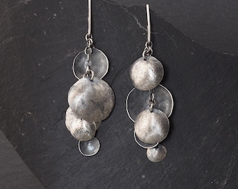 Oxidized Sterling Silver Textured Layered Disc Earrings, Lightweight Handmade Dangles