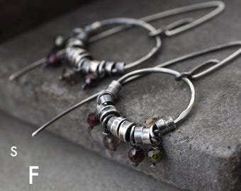 Garnet Earrings Oxidized Sterling Silver Handmade Minimalist Gemstone Jewelry Artisan Gift for Her