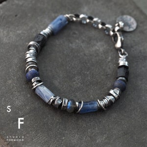 oxidized sterling silver and opal, apatite, kyanite bracelet image 3