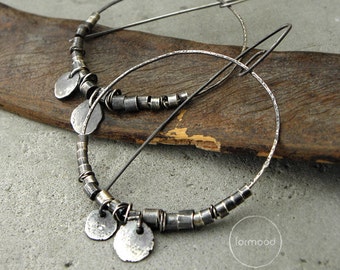 Earrings, raw sterling silver, hoop earrings, oxidized raw earrings