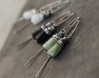 green kyanite, moonstone, black tourmaline and oxidized silver - earrings, raw sterling silver earrings