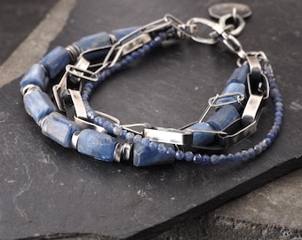 Oxidized Sterling Silver  Blue Kyanite & Iolit Bracelet Handmade  Artisan Jewelry Gift