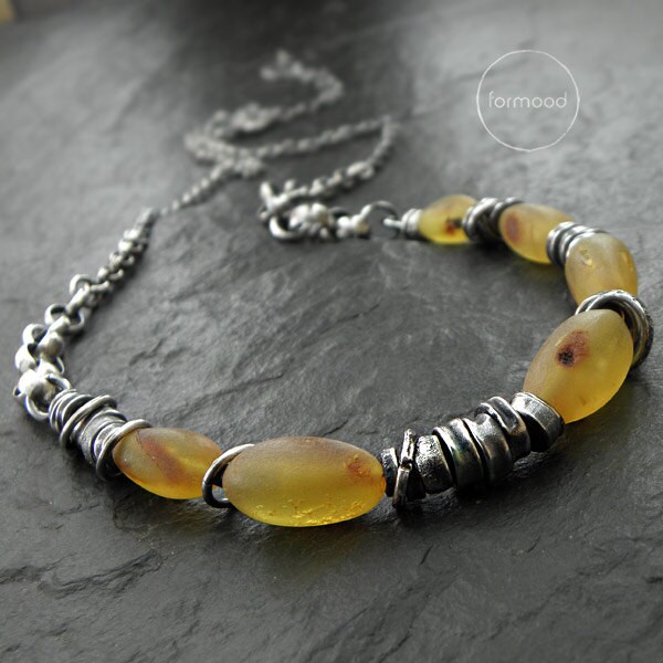 Necklace - raw sterling silver and Baltic amber