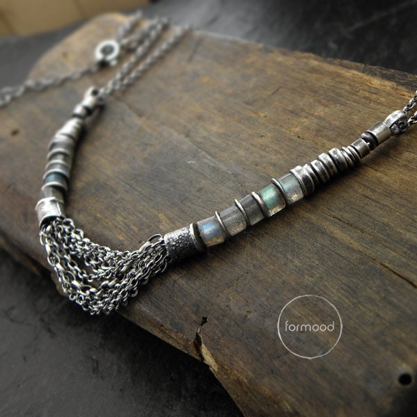 labradorite necklace - oxidized sterling silver multi chain necklace