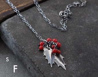 Oxidized Silver Holly Necklace: Red Coral Leaf Pendant