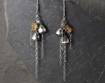 Oxidized Sterling Silver Citrine Labradorite Dangle Earrings, Artisan Handcrafted Jewelry