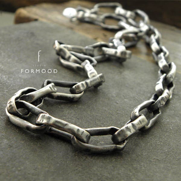 Catena in argento sterling - collana a catena fatta a mano, moderna collana in argento ossidato grezzo, collana unisex, collana da uomo