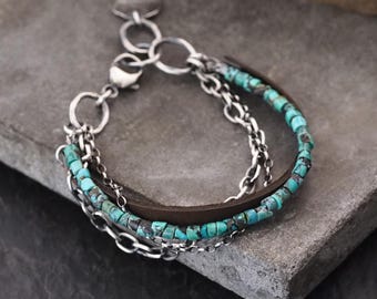 Turquoise Leather Bracelet Oxidized Sterling Silver Handmade Boho Scandinavian Jewelry Gift for Her