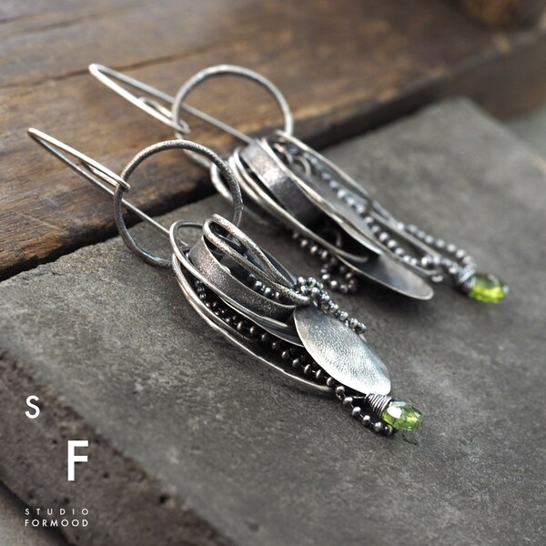 Earrings - raw sterling silver and peridot