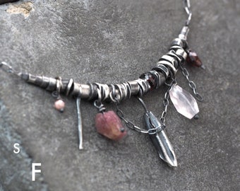 Form012 - Garnet, Pink Tourmaline, Rose Quartz, Rhodochrosite and oxidized sterling silver Necklace - delicate necklace, gift necklace