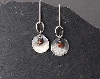 Oxidized Sterling Silver Hessonite Earrings, Handmade Disc Dangles, Boho Jewelry