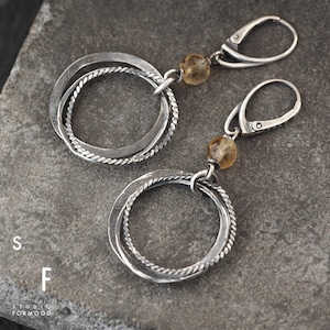 Citrine or Nephrite and raw oxidized sterling silver -  hoop earrings, oxidized raw earrings