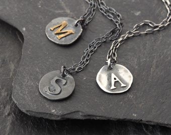 Personalized Sterling Silver Initial Disc Necklace, Oxidized Dark Gray Gold Pendant