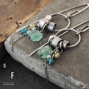 Earrings, raw sterling silver & Apatite , hoop earrings, oxidized raw earrings