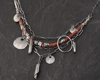 Layered necklace - oxidized sterling silver and red jasper