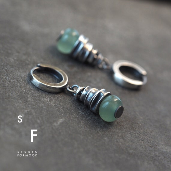 Oxidized Sterling Silver Green Aventurine Earrings, Rustic Boho Gemstone Jewelry