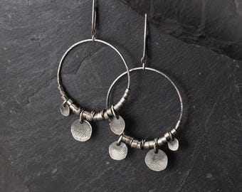 Oxidized Sterling Hoop Earrings with Multiple Charms, Boho Dangle Jewelry,  Gift for Her