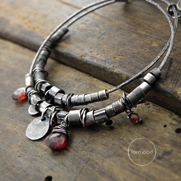 Oxidized sterling silver and garnet - earrings, raw sterling silver hoop earrings