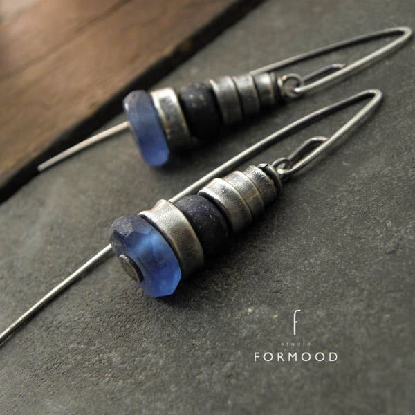 Earrings - raw sterling silver and lapis lazuli & african recycled glass - hoop, hook, clip on earwires, oxidized silver