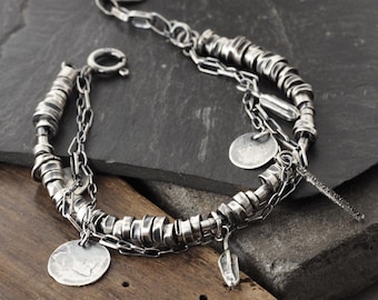 Oxidized Sterling Silver Charm Bracelet - Handmade Raw Silver