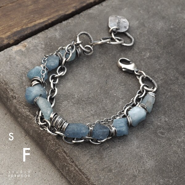 Form24 -Sterling Silver and Raw Blue Aquamarine Bracelet - Oxidized Sterling Silver - Unisex Bracelet
