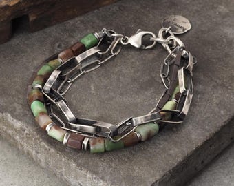 Oxidized Sterling Silver  Chrysoprase  and Brown Hematite Bracelet, Handmade  Artisan Jewelry Gift