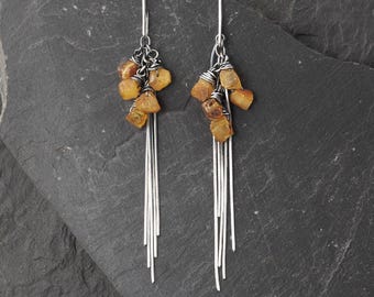 Baltic Amber & Oxidized Sterling Silver Drop Earrings – Handmade Modern Jewelry
