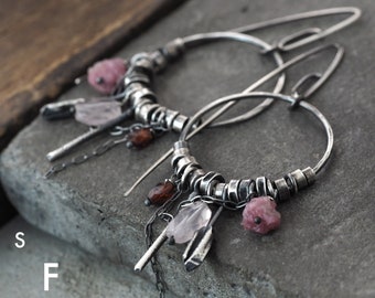 Form012 - Garnet, Pink Tourmaline, Rose Quartz and oxidized sterling silver Earrings