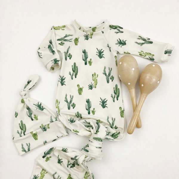 Cream Green Cactus Long Knotted Sleeper Newborn Baby Girl Boy Gown Hospital Coming Home Outfit Gender Neutral First Outfit Gift Hat Beanie