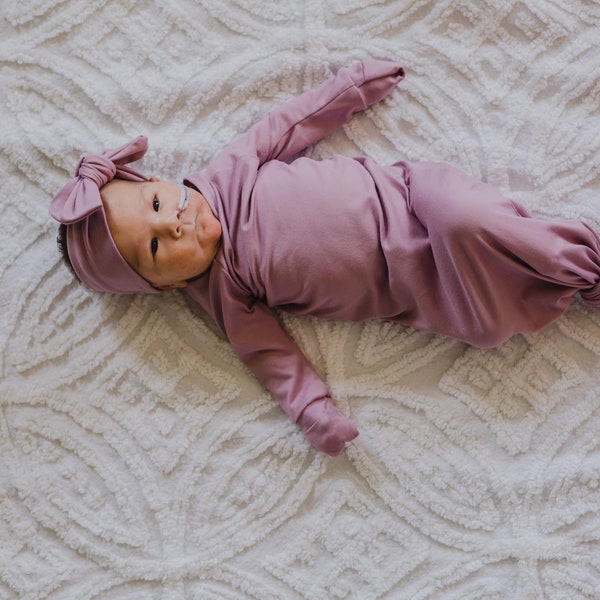 Dusty Violet Purple Long Knotted Sleeper Gown Newborn Baby Girl Hat Headband Set