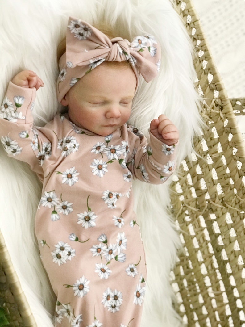Daisy Long Knotted Baby Newborn Gown Fold Over Mittens Mitts Etsy