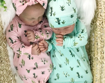 Mint or Pink Cactus Long Knotted Baby Newborn Gown Fold Over Mittens Mitts Hat Beanie Girl Boy Twin Outfit Gender Neutral Off White