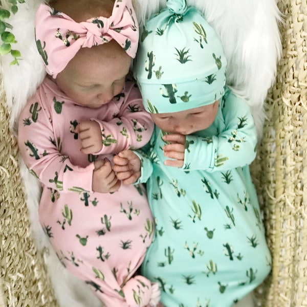 Mint or Pink Cactus Long Knotted Baby Newborn Gown Fold Over Mittens Mitts Hat Beanie Girl Boy Twin Outfit Gender Neutral Off White