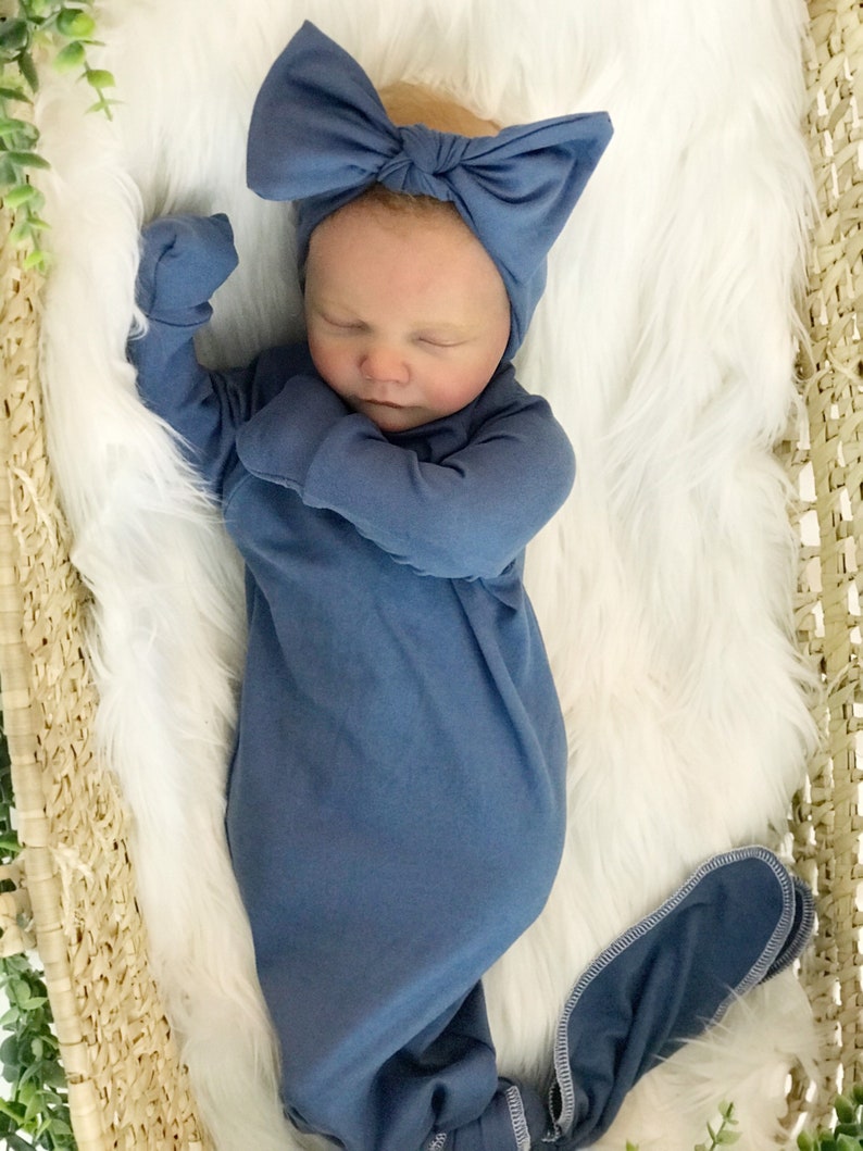 Slate Blue Long Knotted Sleeper Newborn Baby Girl Boy Gown Etsy