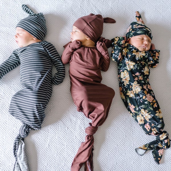 Gender Neutral Coming Home Outfit Rust Gender Reveal Long Knotted Baby Newborn Gown Fold Over Mittens Mitts Hat Red Camel