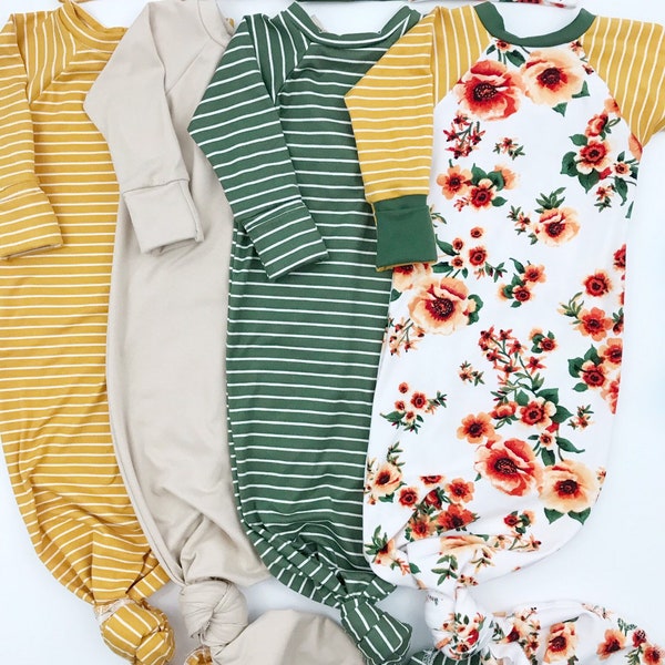 Coming Home Outfit Gender Neutral Boy Girl Long Knotted Gown Olive Mustard Stripes Floral Light Tan Solid Hat