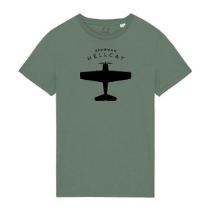 May include: A green t-shirt with a black silhouette of a Grumman Hellcat airplane and the text "Grumman Hellcat".
