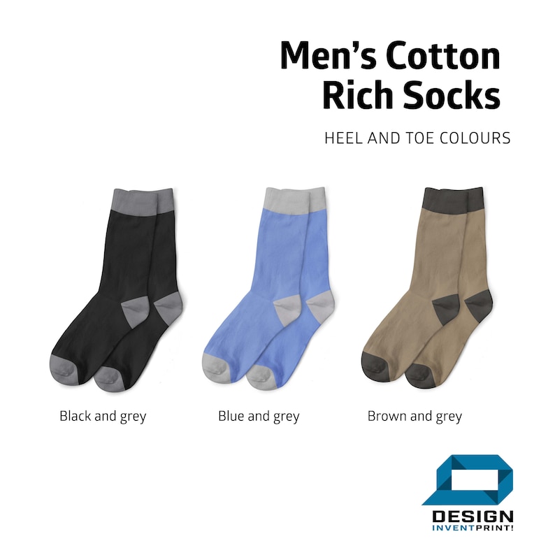 May include: Three pairs of cotton socks with contrasting heel and toe colors. The socks are black and grey, blue and grey, and brown and grey.