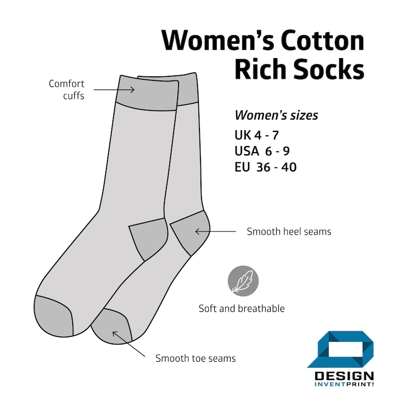 May include: A pair of gray cotton socks with a comfort cuff, smooth heel and toe seams. The socks are soft and breathable. The image includes the text "Women's Cotton Rich Socks" and "Women's sizes UK 4-7 USA 6-9 EU 36-40".
