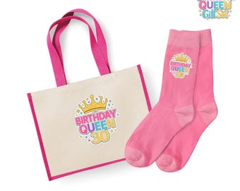 Cadeauset voor koningin 30e verjaardag, ronde hals, selectie, roze sokken en draagtas