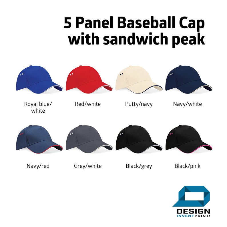 May include: Eight different color variations of a 5-panel baseball cap with a sandwich peak. The caps are shown with a contrasting color trim around the brim. The colors include royal blue, red, putty, navy, grey, black, and two black caps with pink and red trim.