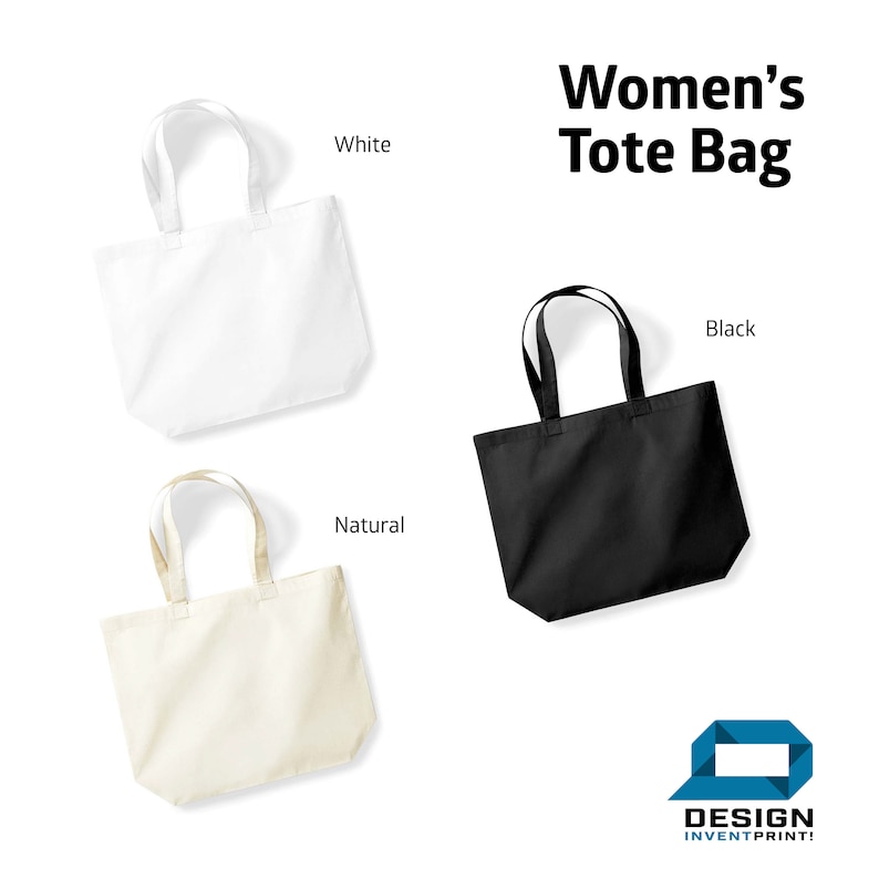 Puede incluir: Tres bolsas de mano en blanco, negro y natural. Las bolsas tienen un dise&ntilde;o sencillo con dos asas. El texto "Women's Tote Bag" est&aacute; en la parte superior de la imagen. El texto "White", "Black" y "Natural" est&aacute; al lado de cada bolsa.