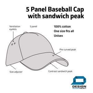 May include: A black and white line drawing of a baseball cap with a contrast sandwich peak. The cap has ventilation eyelets, a size adjuster, and is made of 100% cotton. The text "5 Panel Baseball Cap with sandwich peak" is at the top of the image. The text "100% cotton, One size fits all, Unisex" is in the upper right corner of the image. The text "Pre-curved peak" is in the upper right corner of the image. The text "Contrast sandwich peak" is in the lower right corner of the image. The text "Size adjuster" is in the lower left corner of the image. The text "Ventilation eyelets" is in the upper left corner of the image. The text "5 panel" is in the upper middle of the image.