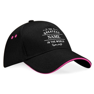 Personalised Name Birthday Hat Baseball Cap for Her Him Monogram Gift Present Christmas for Any Name Novelty Custom Printed Keepsake Hat Black (Pink Trim)