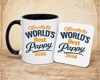 World's Best Pappy Gift Mug & Coaster Set, Personalised Present - 11oz