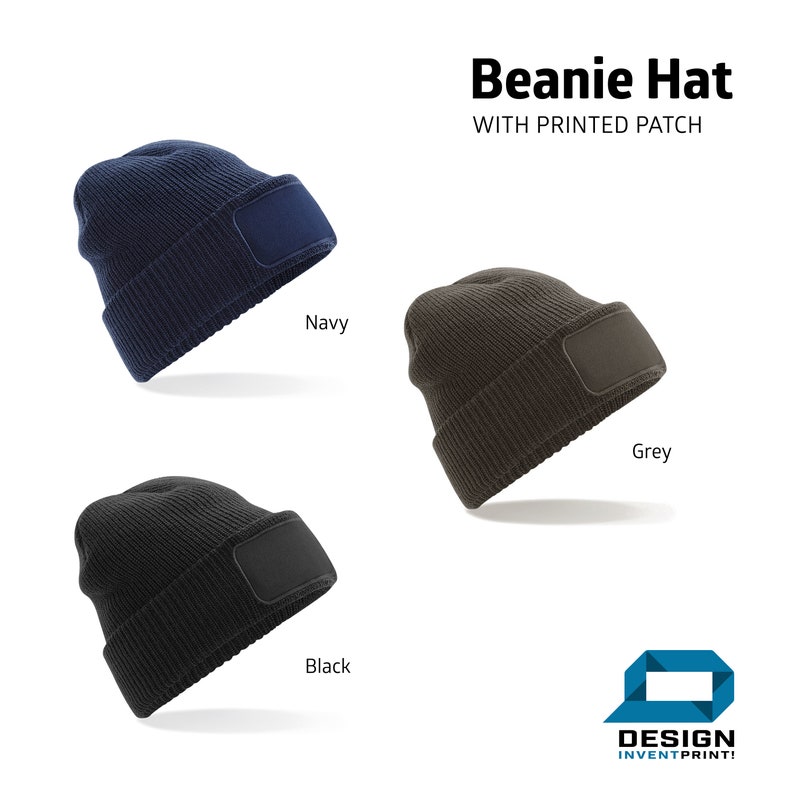 May include: Three beanie hats with a blank patch for customization. The hats are in navy, grey, and black.