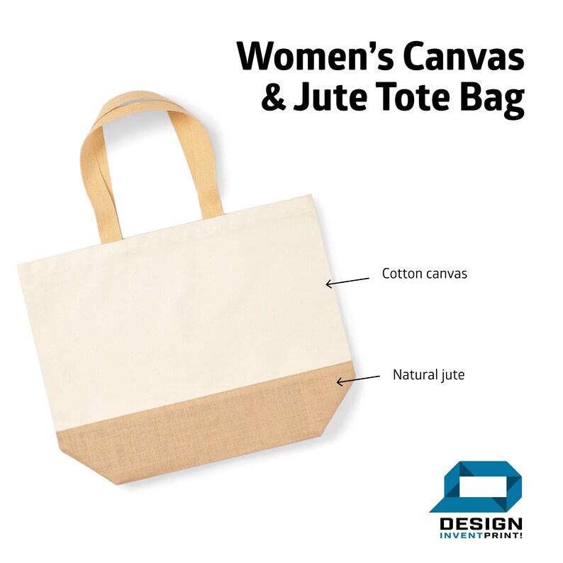 May include: A beige tote bag made of cotton canvas and natural jute. The bag has two beige handles and a white cotton canvas top with a natural jute bottom.